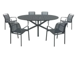 Sala de jantar de jardim em alumínio: uma mesa redonda extensível C.150/200 cm e 6 cadeiras de braços empilháveis - Antracite - VELYRA da MYLIA