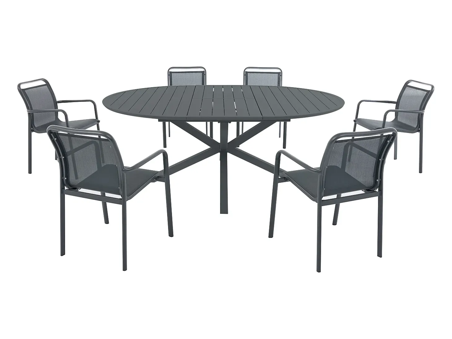 Sala de jantar de jardim em alumínio: uma mesa redonda extensível C.150/200 cm e 6 cadeiras de braços empilháveis - Antracite - VELYRA da MYLIA