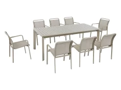 Sala de jantar de jardim em alumínio: uma mesa extensível C.205/286.5 cm e 8 cadeiras empilháveis - Taupe - VELYRA de MYLIA