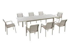 Sala de jantar de jardim em alumínio: uma mesa extensível C.205/286.5 cm e 8 cadeiras empilháveis - Taupe - VELYRA de MYLIA