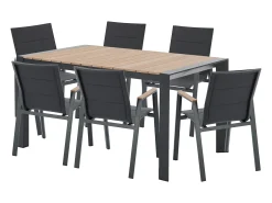 Sala de jantar de jardim em alumínio: uma mesa C.150 cm e 6 cadeiras empilháveis - Natural claro e antracite - LIOUS da MYLIA
