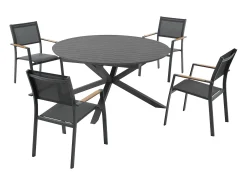 Sala de jantar de jardim em alumínio: uma mesa redonda extensível C.150/200 cm e 4 cadeirões empilháveis - Antracite - YOHA da MYLIA
