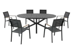 Sala de jantar de jardim em alumínio: uma mesa redonda extensível C.150/200 cm e 6 cadeirões empilháveis - Antracite - YOHA da MYLIA