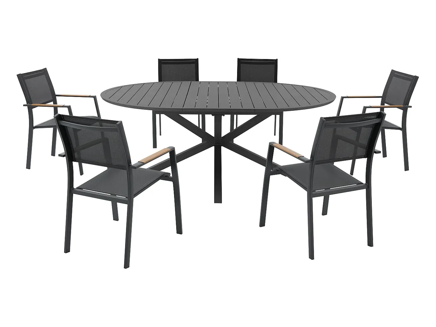 Sala de jantar de jardim em alumínio: uma mesa redonda extensível C.150/200 cm e 6 cadeirões empilháveis - Antracite - YOHA da MYLIA