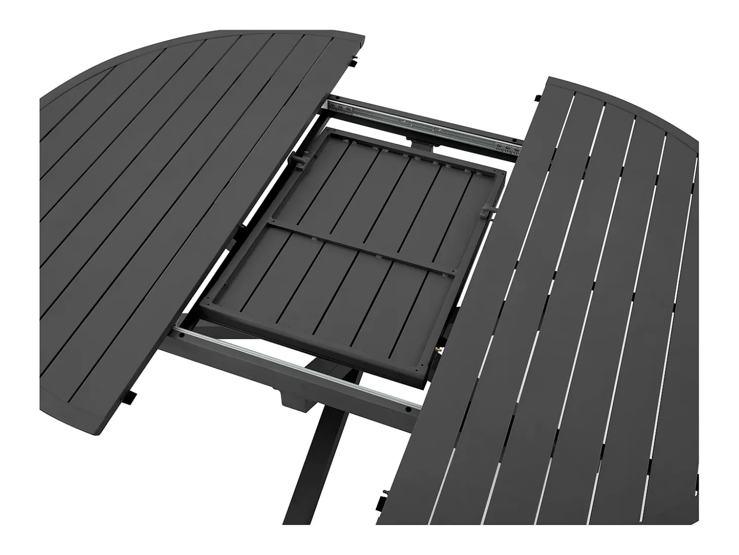 Sala de jantar de jardim em alumínio: uma mesa redonda extensível C.150/200 cm e 6 cadeirões empilháveis - Antracite - YOHA da MYLIA