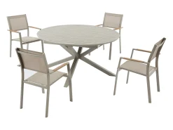 Sala de jantar de jardim em alumínio: mesa redonda extensível C.150/200 cm e 4 cadeiras de braços empilháveis - Taupe - YOHA da MYLIA