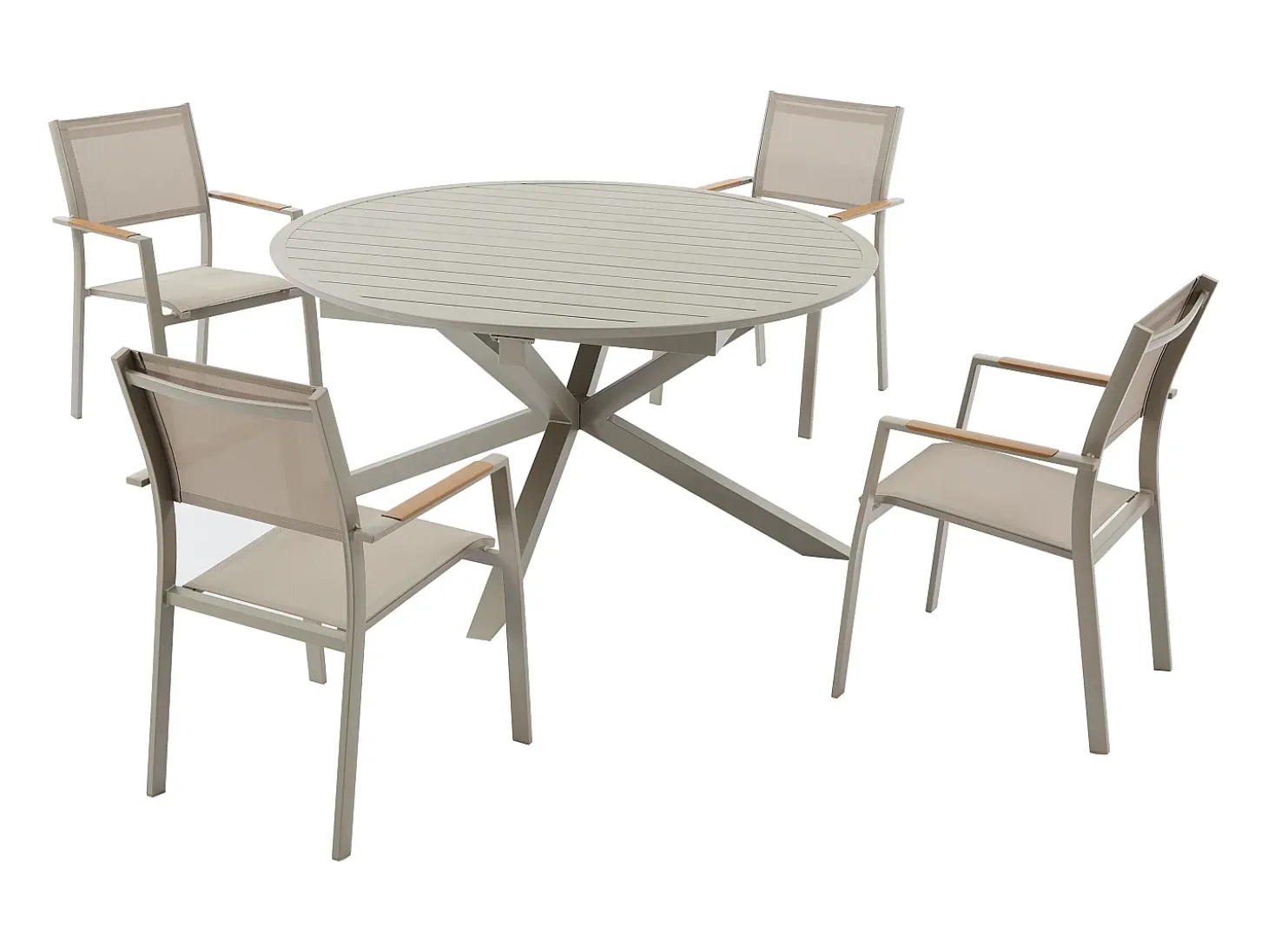 Sala de jantar de jardim em alumínio: mesa redonda extensível C.150/200 cm e 4 cadeiras de braços empilháveis - Taupe - YOHA da MYLIA