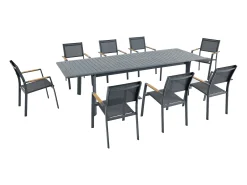 Sala de jantar de jardim em alumínio: uma mesa extensível C.205/286.5 cm e 8 cadeiras empilháveis - Antracite - MACILA da MYLIA
