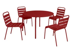 Sala de jantar de jardim em metal - 1 mesa D.110 cm e 4 cadeiras empilháveis Vermelhas