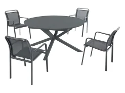 Sala de jantar de jardim em alumínio: uma mesa redonda extensível C.150/200 cm e 4 poltronas empilháveis - Antracite - VELYRA da MYLIA