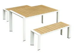 Sala de jantar de jardim em alumínio: uma mesa C.150 cm e 2 bancos - Natural claro e branco - NYROS de MYLIA