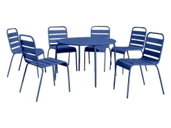 Sala de jantar de jardim em metal - uma mesa redonda D.130cm e 6 cadeiras empilháveis Azul noite - MIRMANDE da MYLIA