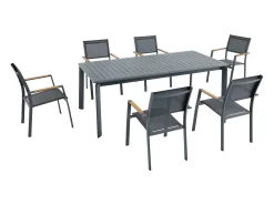 Sala de jantar de jardim em alumínio: mesa extensível C.205/286,5 cm e 6 cadeiras de braços empilháveis - Antracite - MACILA da MYLIA