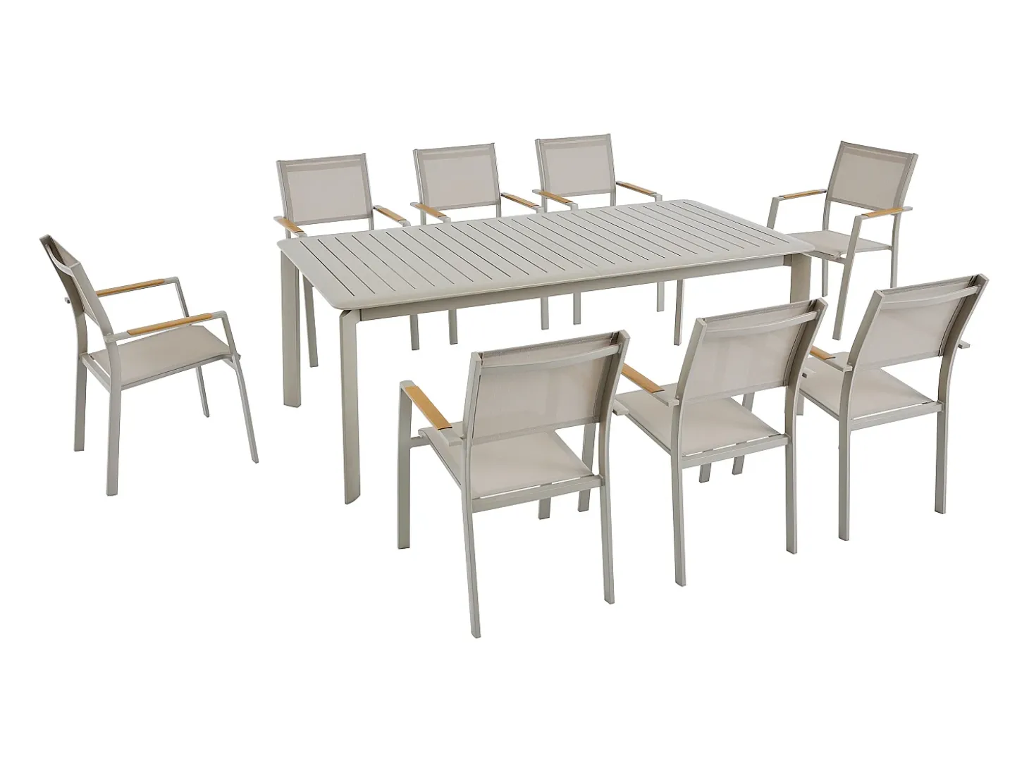 Sala de jantar de jardim em alumínio: uma mesa extensível C.205/286,5 cm e 8 cadeiras empilháveis - Taupe - MACILA da MYLIA