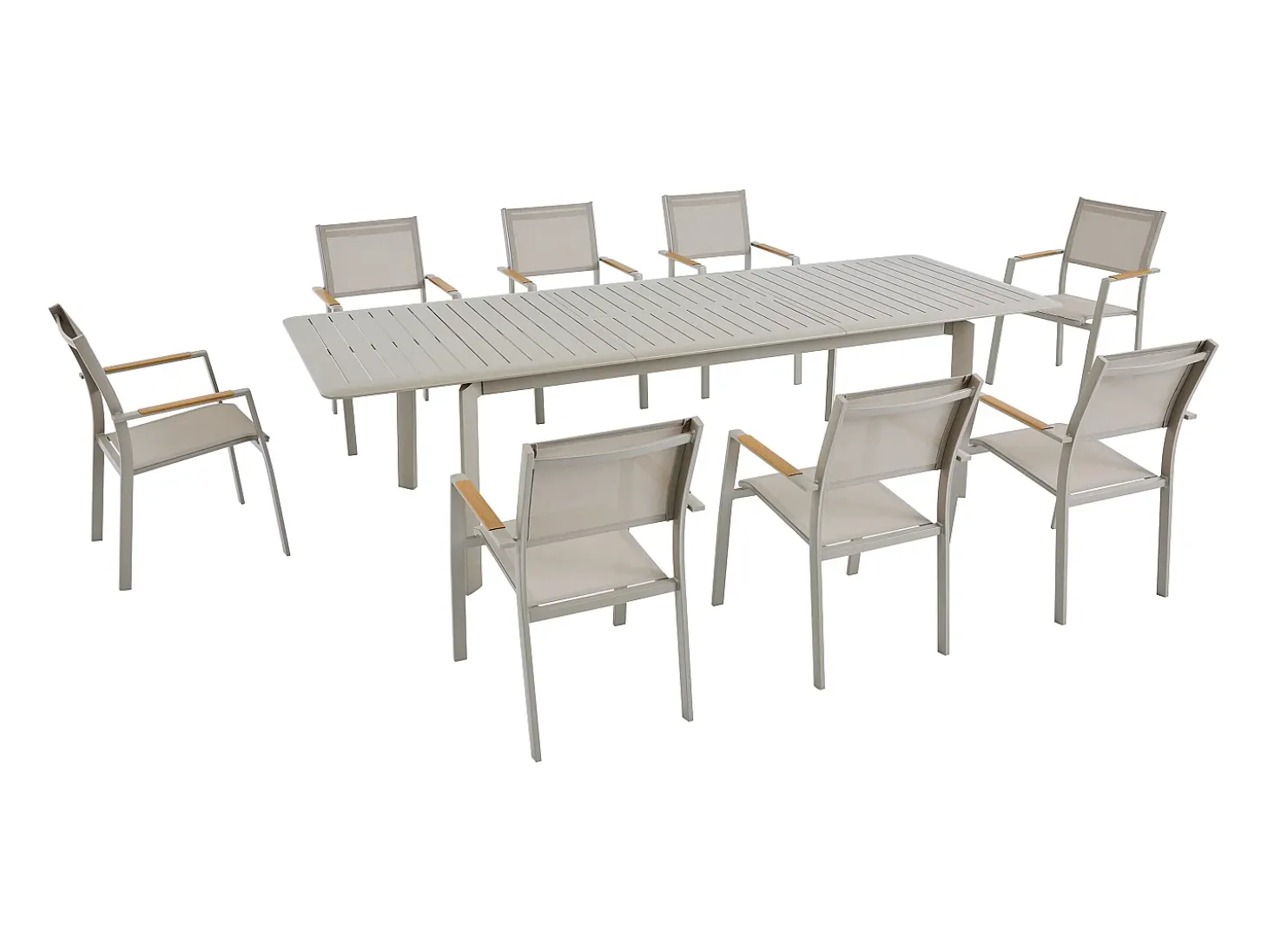 Sala de jantar de jardim em alumínio: uma mesa extensível C.205/286,5 cm e 8 cadeiras empilháveis - Taupe - MACILA da MYLIA
