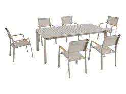 Sala de jantar de jardim em alumínio: uma mesa extensível C.205/286,5 cm e 6 cadeiras empilháveis - Taupe - MACILA da MYLIA
