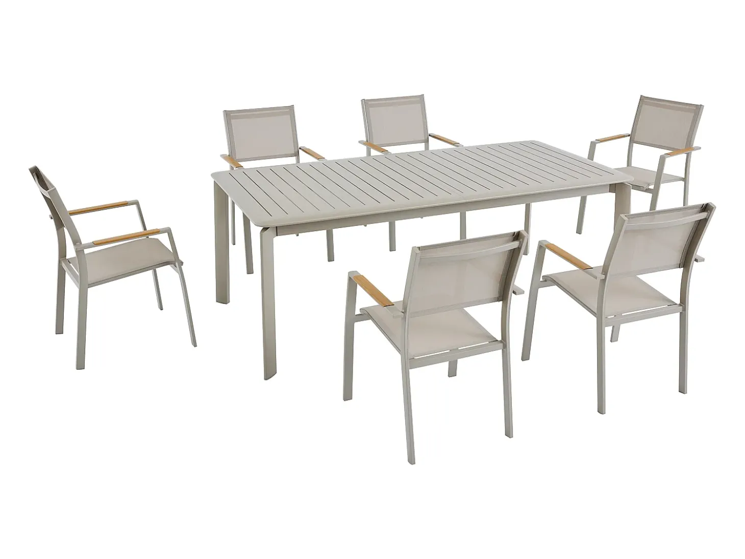 Sala de jantar de jardim em alumínio: uma mesa extensível C.205/286,5 cm e 6 cadeiras empilháveis - Taupe - MACILA da MYLIA