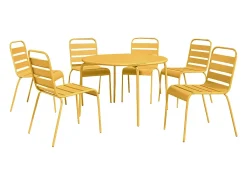 Sala de jantar para jardim em metal - uma mesa redonda D.130cm e 6 cadeiras empilháveis Amarelo mostarda - MIRMANDE da MYLIA
