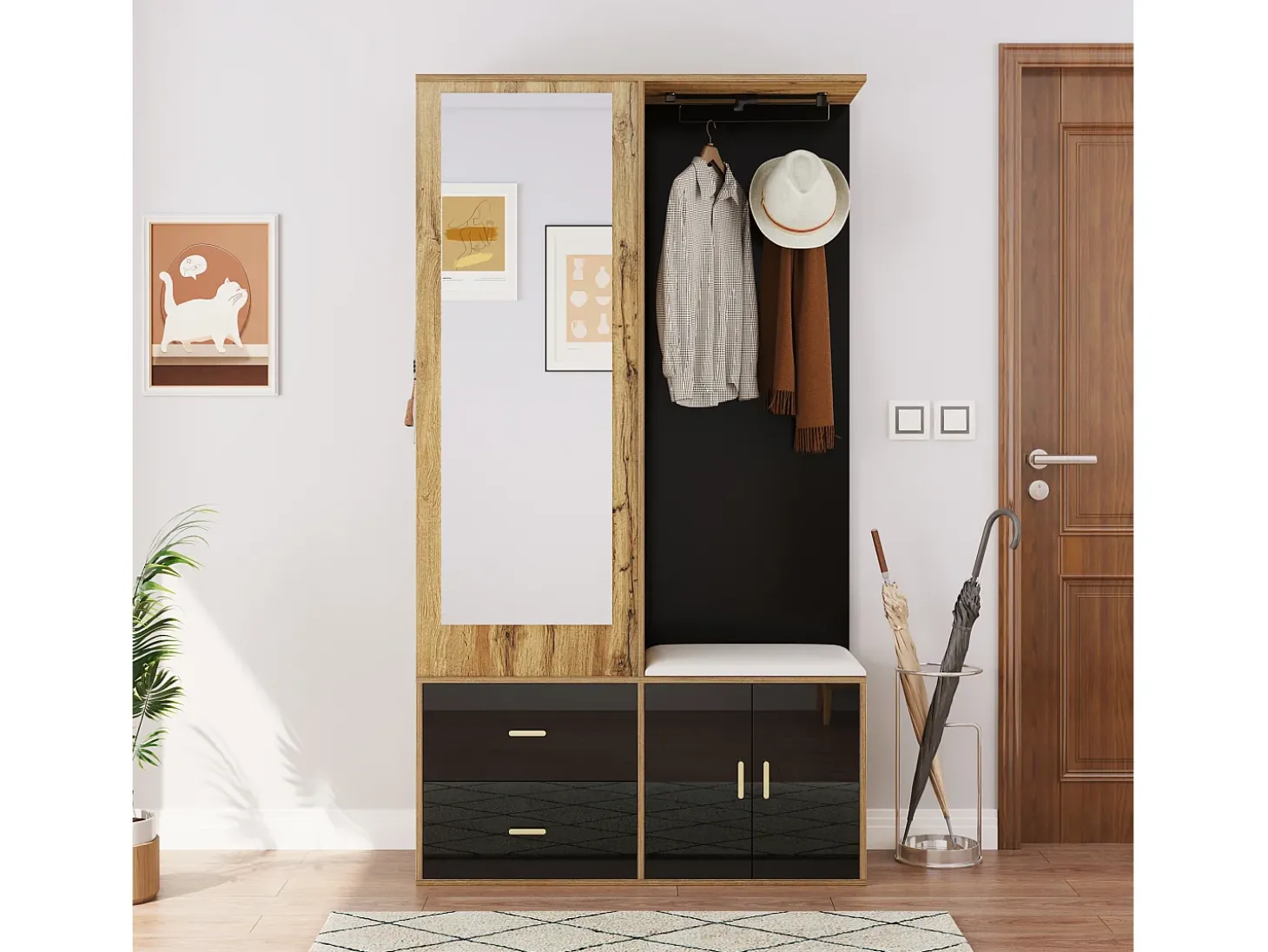 Sapateira + banco + roupeiro com espelho - 2 portas e 2 gavetas - 100x38x180cm - Aglomerado - Preto e natural