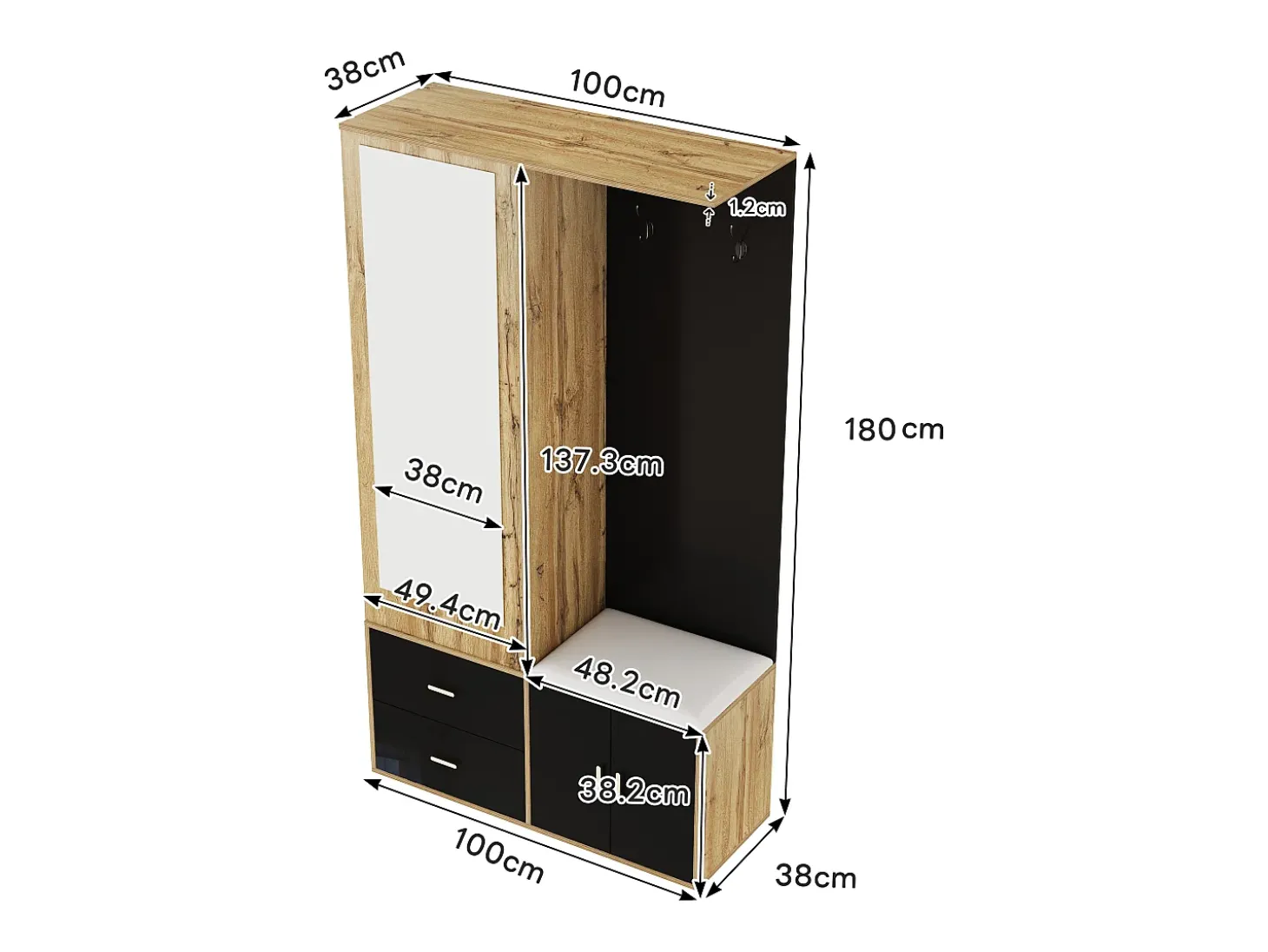 Sapateira + banco + roupeiro com espelho - 2 portas e 2 gavetas - 100x38x180cm - Aglomerado - Preto e natural