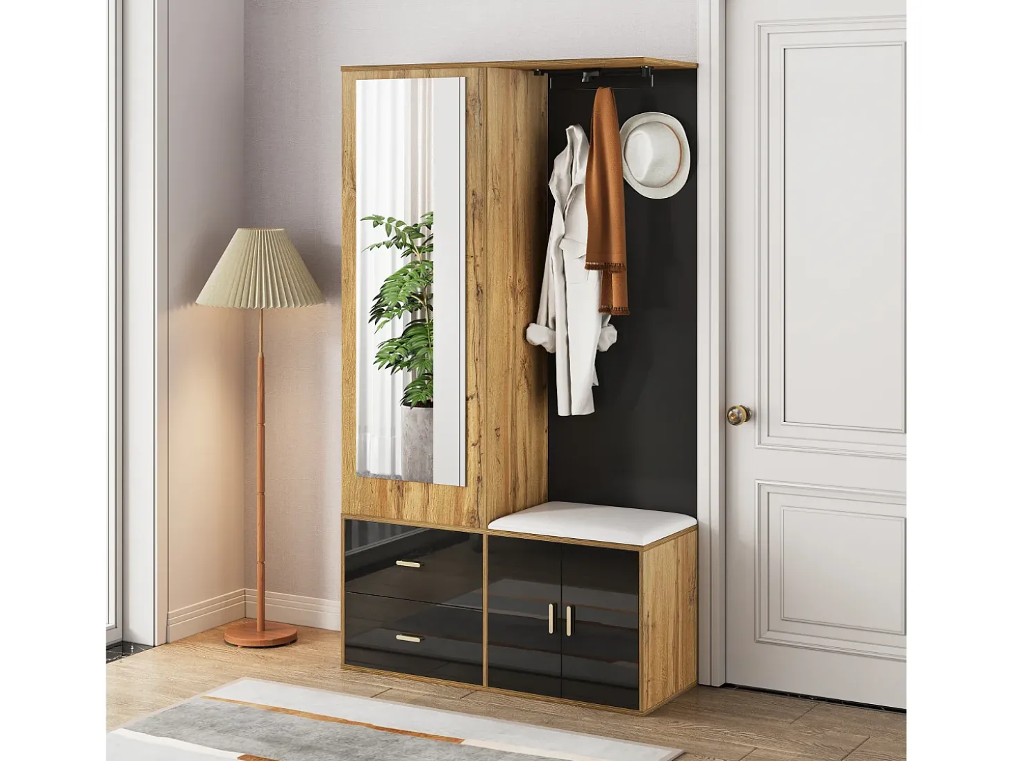 Sapateira + banco + roupeiro com espelho - 2 portas e 2 gavetas - 100x38x180cm - Aglomerado - Preto e natural