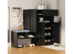 Sapateira 2 em 1 - 130 x 35 x 110 cm - com 3 portas + banco acolchoado - aglomerado - preto