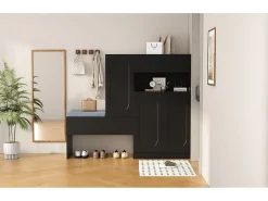 Sapateira 2 em 1 - 130 x 35 x 110 cm - com 3 portas + banco acolchoado - aglomerado - preto