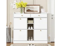 Sapateira com 2 gavetas, 3 compartimentos abertos e 4 portas de batente - 110 x 26 x 100 cm - Aglomerado - Branco