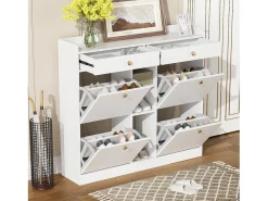 Sapateira com 2 gavetas, 3 compartimentos abertos e 4 portas de batente - 110 x 26 x 100 cm - Aglomerado - Branco