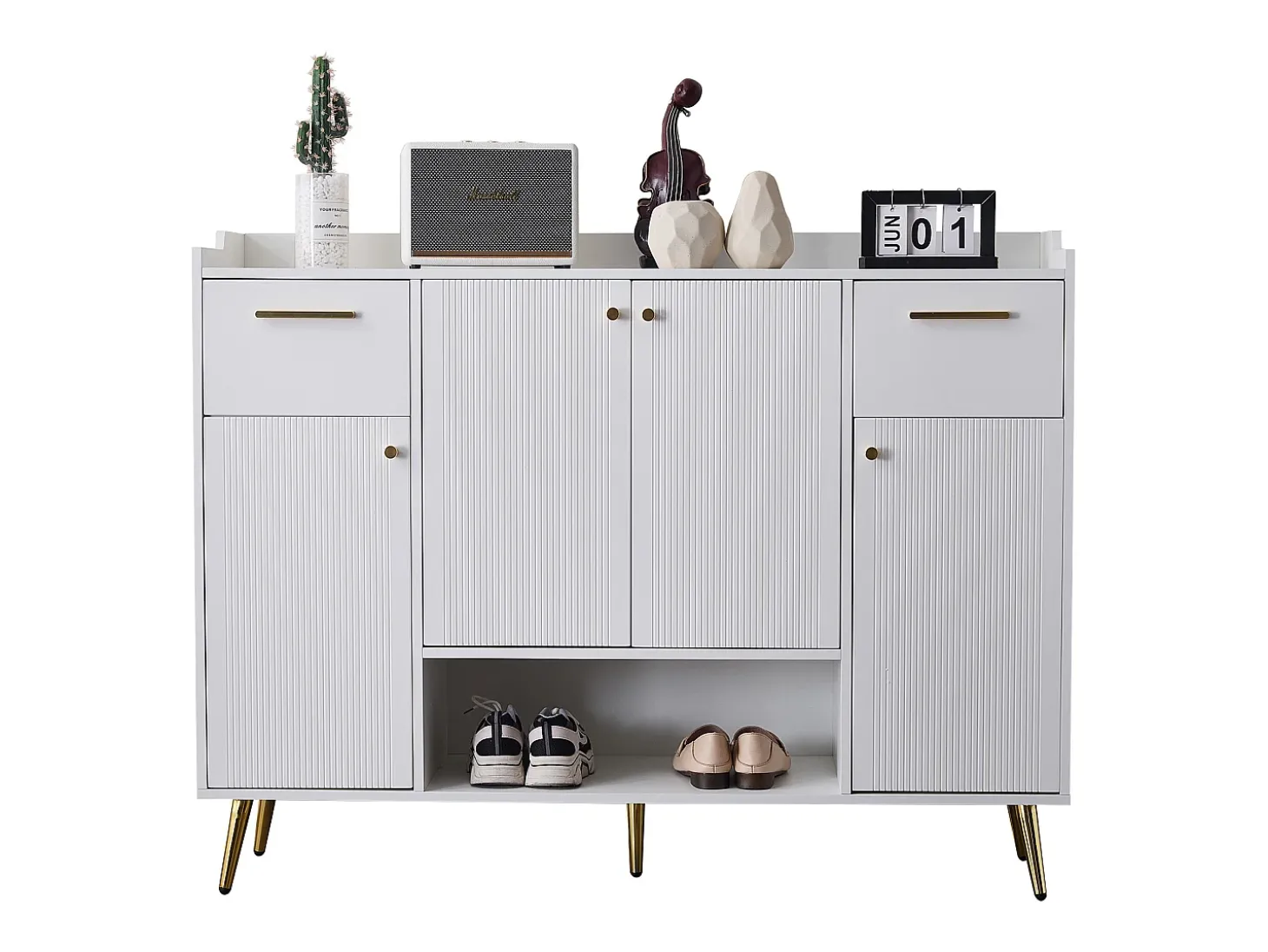 Sapateira com 2 gavetas e 4 portas - 130 x 37 x 100 cm - pés metálicos e aglomerado - Branco