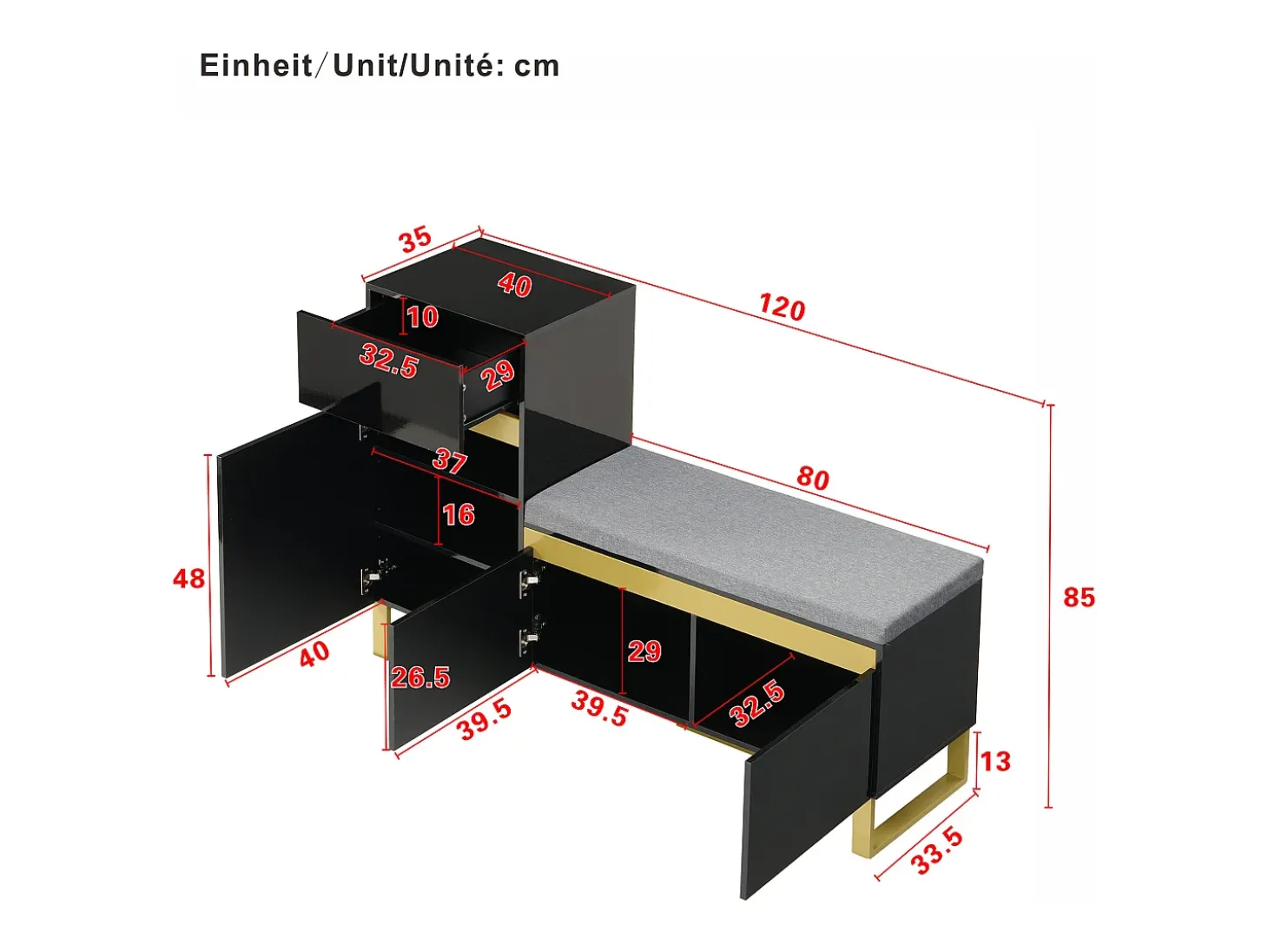 Sapateira com 3 portas, 1 gaveta e almofada - Preto e dourado
