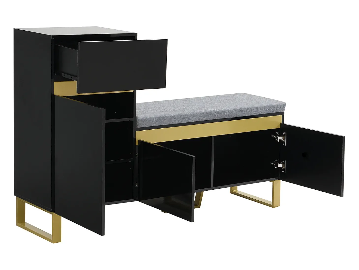 Sapateira com 3 portas, 1 gaveta e almofada - Preto e dourado