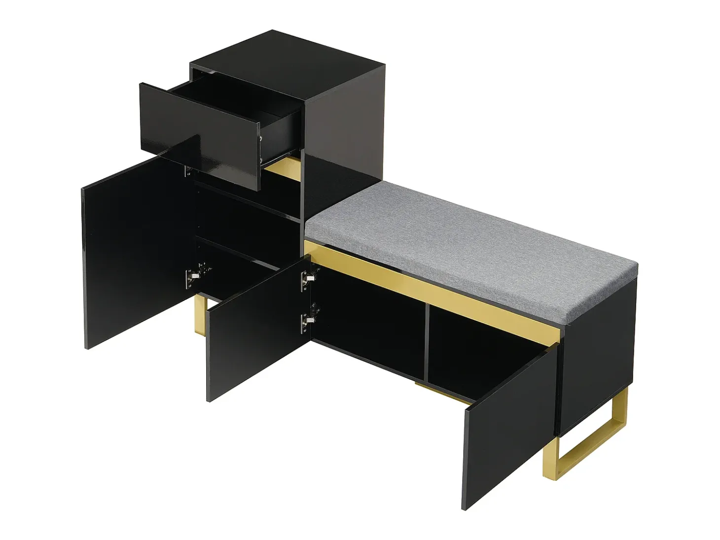 Sapateira com 3 portas, 1 gaveta e almofada - Preto e dourado