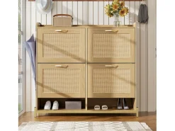 Sapateira de madeira com 4 portas de rattan - 108,5 x 24 x 100 cm - estrutura metálica - MDF - cor natural