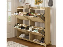 Sapateira de madeira com 4 portas de rattan - 108,5 x 24 x 100 cm - estrutura metálica - MDF - cor natural