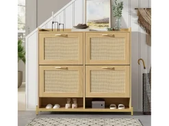 Sapateira de madeira com 4 portas de rattan - 108,5 x 24 x 100 cm - estrutura metálica - MDF - cor natural