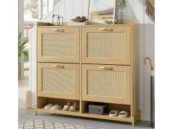 Sapateira de madeira com 4 portas de rattan - 108,5 x 24 x 100 cm - estrutura metálica - MDF - cor natural
