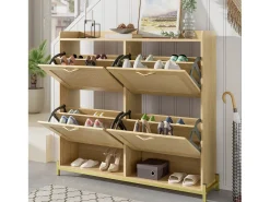 Sapateira de madeira com 4 portas de rattan - 108,5 x 24 x 100 cm - estrutura metálica - MDF - cor natural
