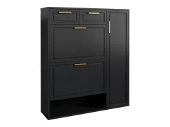 Sapateira dobrável - 95 x 24 x 107,5 cm - com prateleiras reguláveis ​​+ 2 gavetas + 1 porta - aglomerado + MDF + metal - preto