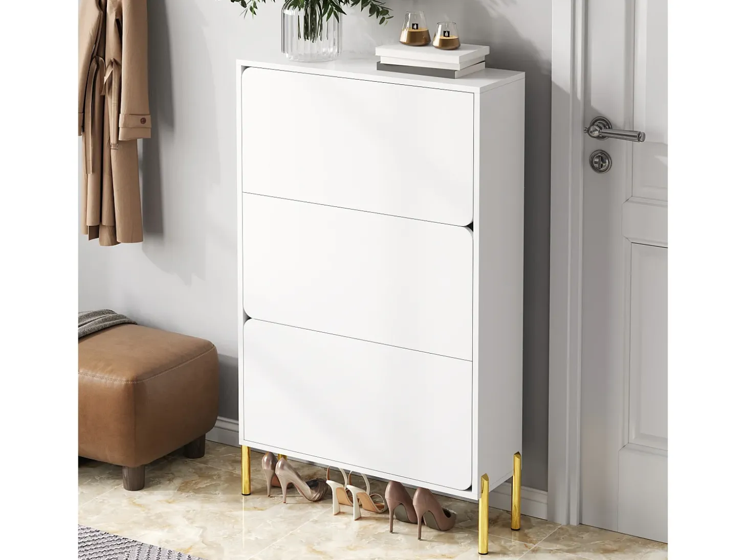 Sapateira minimalista moderna - 73 x 24 x 120 cm - com 3 portas - pés dourados - MDF - branca