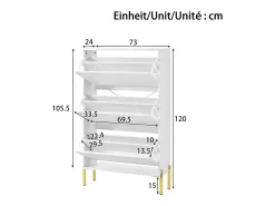 Sapateira minimalista moderna - 73 x 24 x 120 cm - com 3 portas - pés dourados - MDF - branca