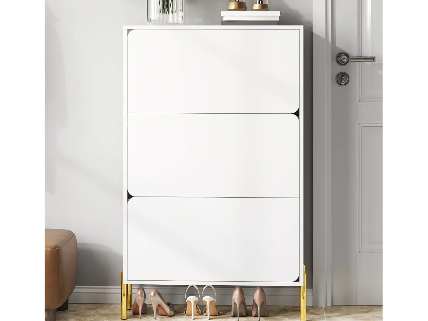 Sapateira minimalista moderna - 73 x 24 x 120 cm - com 3 portas - pés dourados - MDF - branca