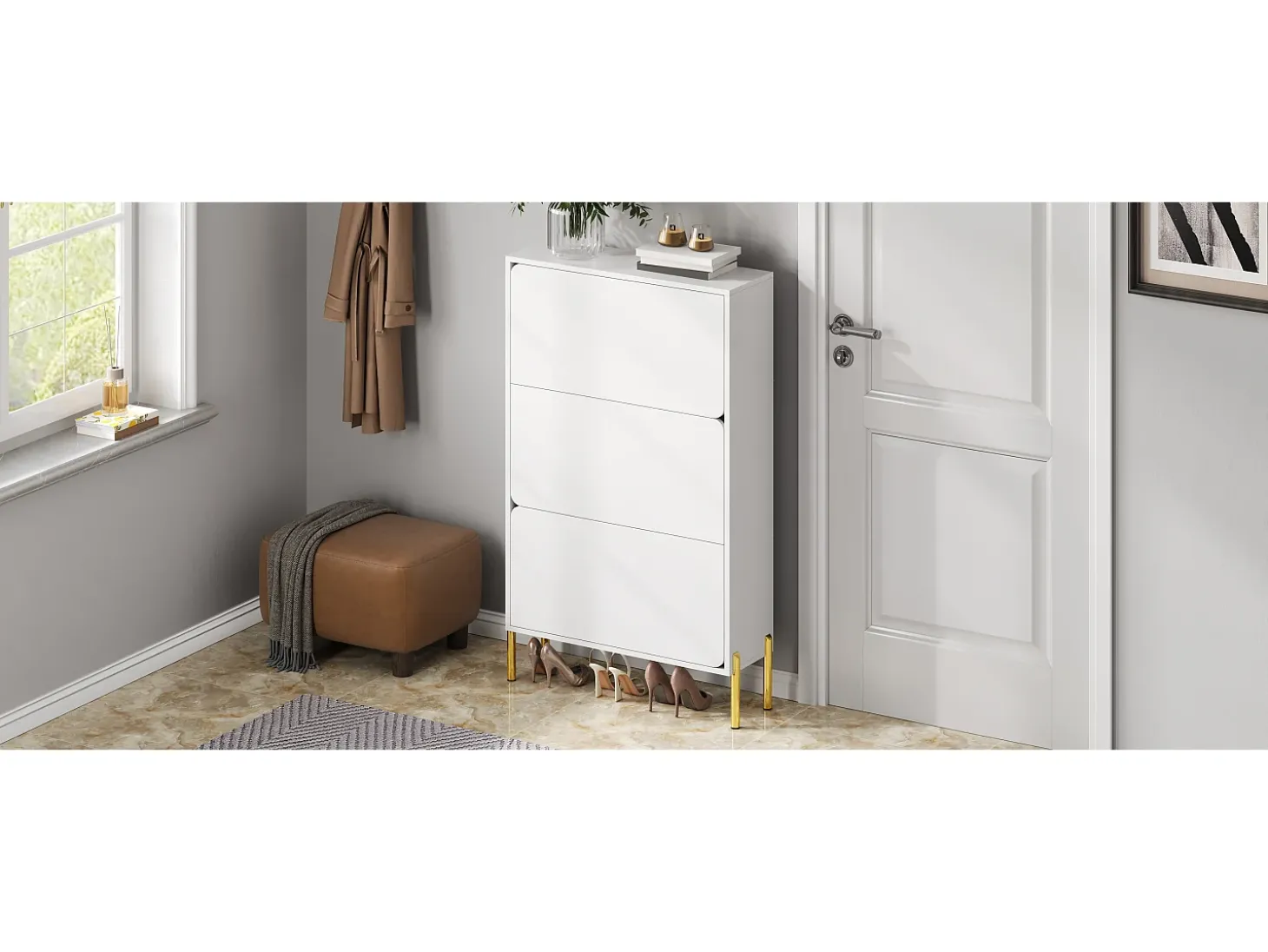 Sapateira minimalista moderna - 73 x 24 x 120 cm - com 3 portas - pés dourados - MDF - branca
