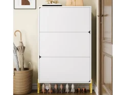 Sapateira minimalista moderna - 73 x 24 x 120 cm - com 3 portas - pés dourados - MDF - branca