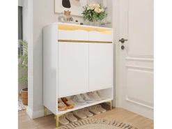 Sapateira moderna - 80 x 35 x 105 cm - com LEDs + 2 gavetas + prateleiras - MDF + aglomerado - branco