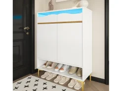 Sapateira moderna - 80 x 35 x 105 cm - com LEDs + 2 gavetas + prateleiras - MDF + aglomerado - branco