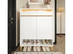 Sapateira moderna - 80 x 35 x 105 cm - com LEDs + 2 gavetas + prateleiras - MDF + aglomerado - branco