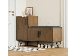Sapateira moderna com 3 portas e almofada - pernas e puxadores de metal - cor natural - 100 x 34 x 69 cm