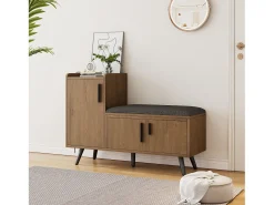 Sapateira moderna com 3 portas e almofada - pernas e puxadores de metal - cor natural - 100 x 34 x 69 cm
