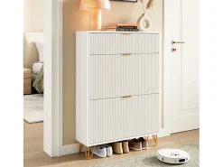 Sapateira Moderna em Madeira com 3 Portas Basculantes, Pés Metálicos Dourados e Design Anti-Queda – Armário de Sapatos Grande, Branco, 49x29x120 cm